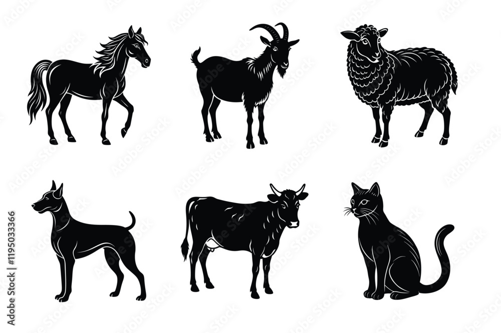Fototapeta premium Animal silhouettes set. Domestic animals cat, dog, cow, horse, sheep, goat vector illustration