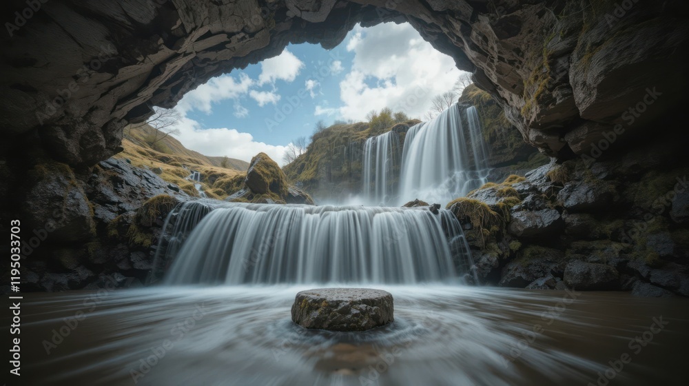 Naklejka premium A naturally formed mini podium from solid rock, set in a dramatic cave with a waterfall as its backdrop. to be used as a backdrop for product photography, miniatures, or as a unique decorative element