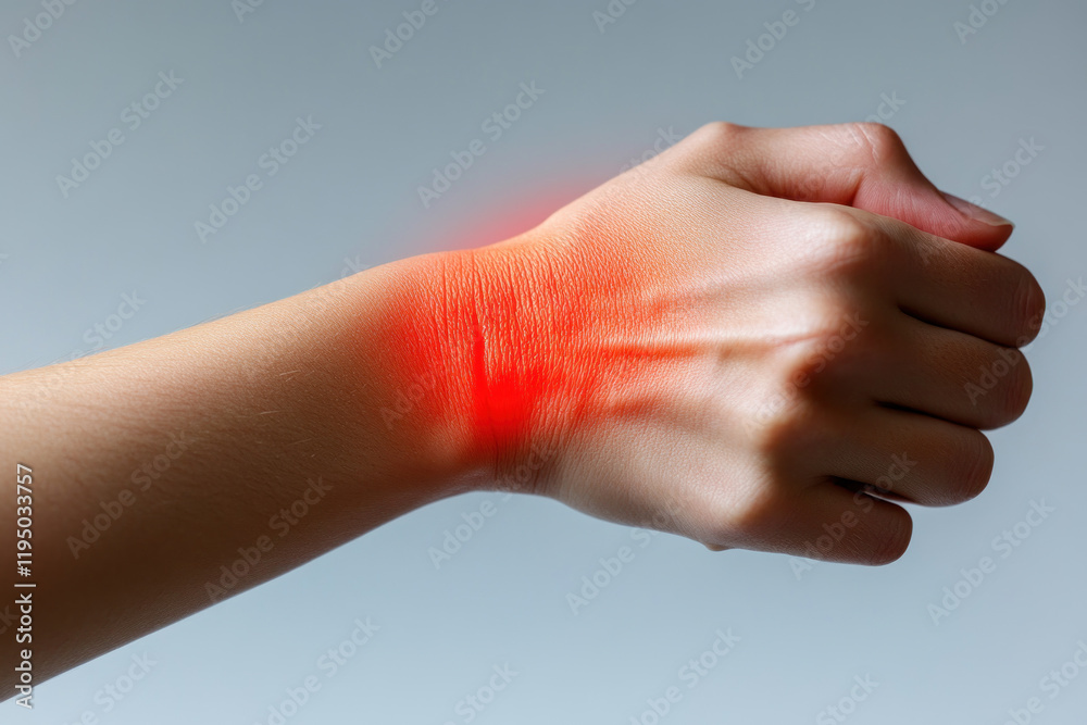 Hand with a red spot symbolizing injury, isolated on white background. Hand with a red spot symbolizing injury, isolated on white background.