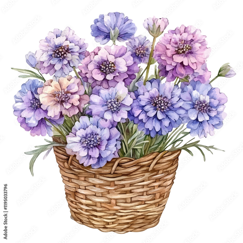 A watercolor of a Scabiosa bouquet in a basket, isolated on a white background. Scabiosa bouquet vector.
A watercolor of a Scabiosa bouquet in a basket, isolated on a white background. Scabiosa bouquet vector.