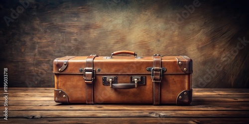 Vintage suitcase with leather handle on wooden desk, wooden furniture, wooden table