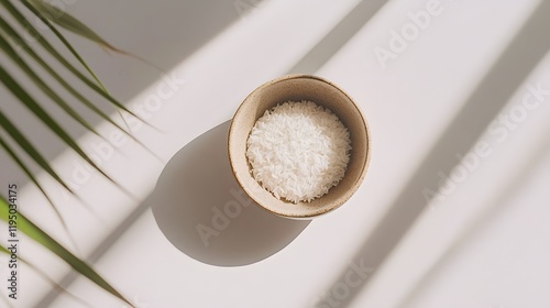 A wooden bowl of raw white rice and cereal flakes with healthy organic ingredients photo