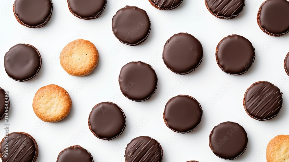 Fototapeta premium Top view of an array of chocolate-covered biscuits arranged on a white background, ideal for food branding, copy space available