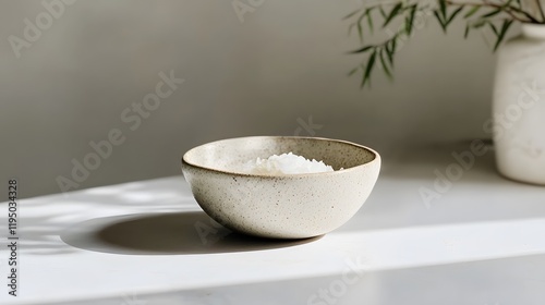 A wooden bowl of raw white rice and cereal flakes with healthy organic ingredients photo