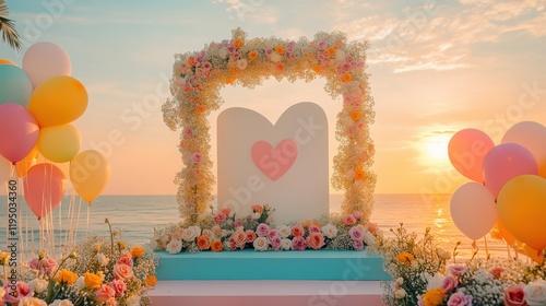 Pastel Beach Wedding Setup: A romantic beach wedding ceremony setup with pastel-colored balloons, floral arch, and a heart-shaped backdrop at sunset.  Perfect for wedding invitations, websites.
