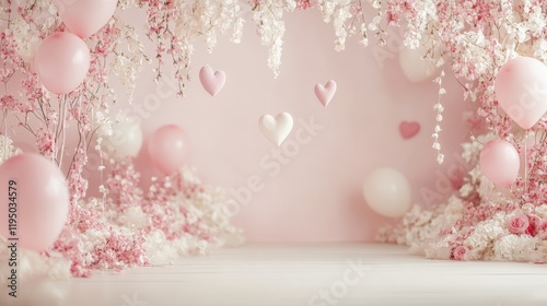 Pink Floral Balloon Backdrop: A dreamy, romantic backdrop featuring pink and white balloons, delicate flowers, and charming heart decorations. Perfect for newborn photography, Valentine's Day.