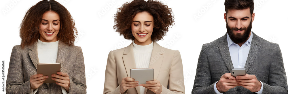 People Using Tablets & Smartphones Isolated on White Background People Using Tablets & Smartphones Isolated on White Background
