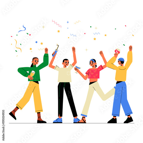 Group Of Friends Celebrating With Confetti And Drinks In Flat Vector Illustration Symbolizing Celebration, Friendship, And Happiness, Isolated On White Background