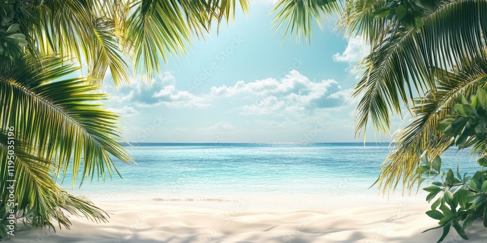Serene tropical beach scene with clear turquoise waters and lush green palm fronds framing a bright sunny sky and soft white sand in foreground Serene tropical beach scene with clear turquoise waters and lush green palm fronds framing a bright sunny sky and soft white sand in foreground