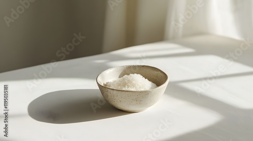 A wooden bowl of raw white rice and cereal flakes with healthy organic ingredients photo