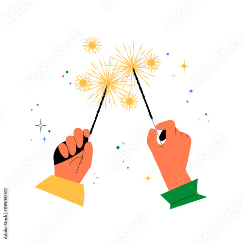 Hands Holding Sparklers In Flat Vector Illustration Symbolizing Festive Celebration, Joy, And Party Spirit, Isolated On White Background