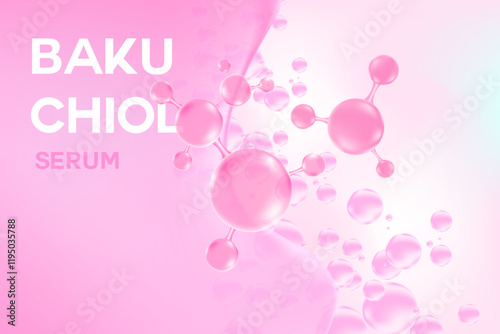 Glowing 3d liquid serum texture, bakuchiol molecule formula with flowing close up fluid blob shape background. Light pink beauty wallpaper with copy space. Aesthetic premium cosmetics banner or poster