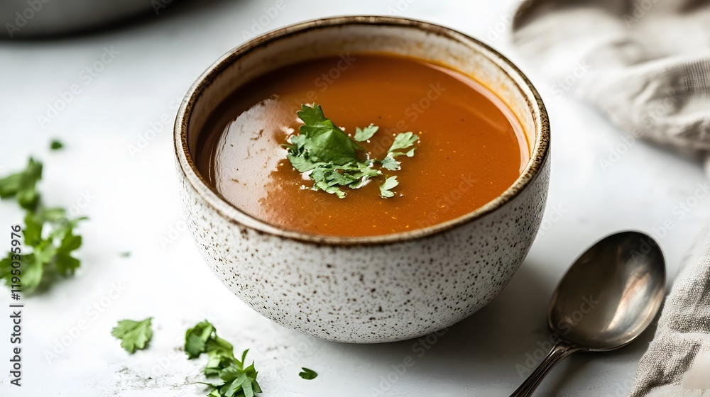 Warm bowl of tomato soup, creamy texture with fresh herbs, perfect for cozy meals at home, inviting atmosphere for dining. Warm bowl of tomato soup, creamy texture with fresh herbs, perfect for cozy meals at home, inviting atmosphere for dining.