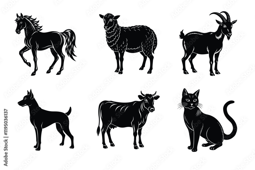 Fototapeta premium Animal silhouettes set. Domestic animals cat, dog, cow, horse, sheep, goat vector illustration