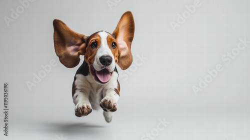 Playful Basset Hound Dog with Floppy Ears in Mid-Flight on White Background