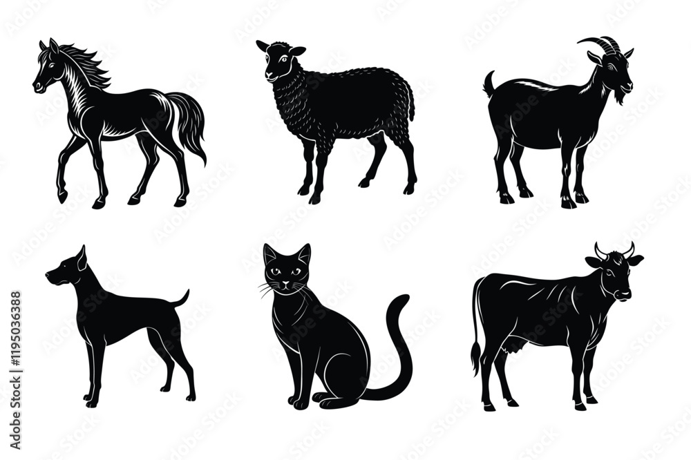 Fototapeta premium Animal silhouettes set. Domestic animals cat, dog, cow, horse, sheep, goat vector illustration