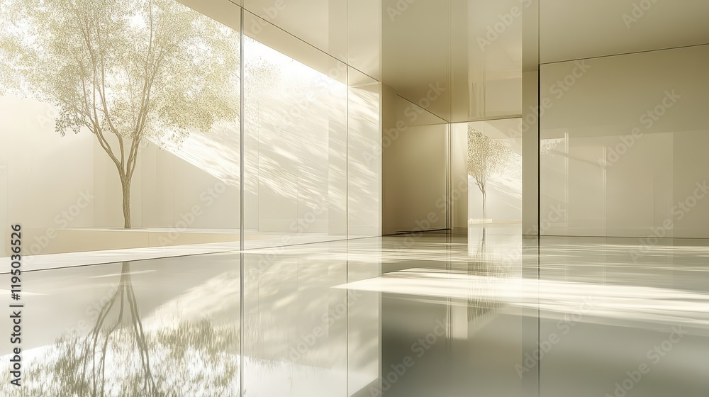 Fototapeta premium Elegant room with smooth glass-like surface and soft reflections, featuring natural light filtering through trees outside, creating a serene atmosphere