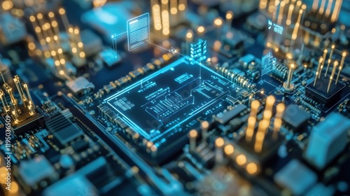 Detailed view of machine parts embedded with microchips transmitting operational metrics via a 5G network showing the evolution of traditional machinery into smart devices. photo