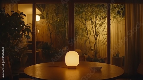 Illuminated table lamp glows in modern home's patio view