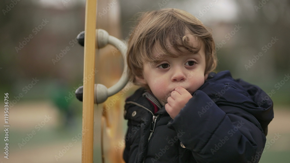 Obraz premium Contemplative little baby toddler boy portrait face at park thinking, lost in thought