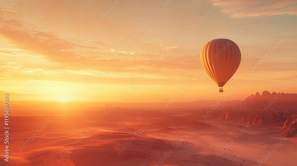 A single hot air balloon floating over a desert landscape at sunrise, copy space included A single hot air balloon floating over a desert landscape at sunrise, copy space included