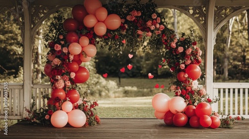 Romantic Balloon Arch:  A charming, whimsical archway crafted from vibrant red and pink balloons is adorned with lush blooms.