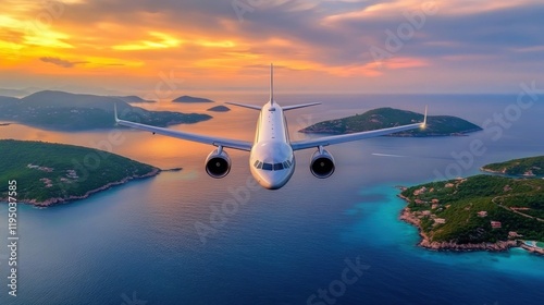 travel inspiration, an airplane glides over turquoise seas, casting a shadow on lush green islandsa dream vacation scene with space for inspirational text photo