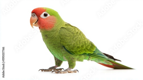 Parakeet Chirping on White Background with Vibrant Feathers and Colors photo