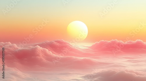 Soft pastel gradients blend harmoniously in the sky as the sun rises above fluffy clouds, signaling the start of a tranquil morning