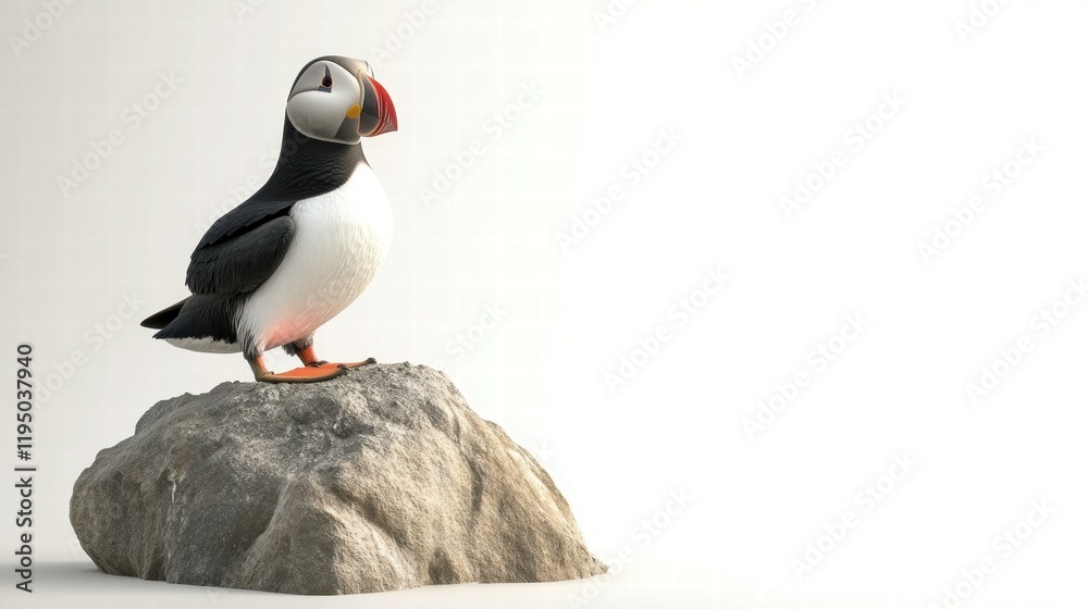 Naklejka premium Puffin Perched on Small Rock with White Background for Elegant Display