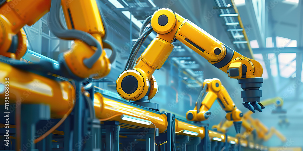 Multiple Yellow Industrial Robotic Arms on Assembly Line Multiple Yellow Industrial Robotic Arms on Assembly Line