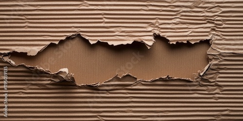 Ripped brown corrugated cardboard background with jagged edges revealing a solid beige surface underneath creating a textured decollage effect. photo