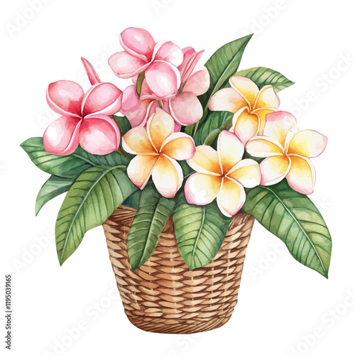 A watercolor of a Plumeria bouquet in a basket, isolated on a white background. Plumeria vector.
