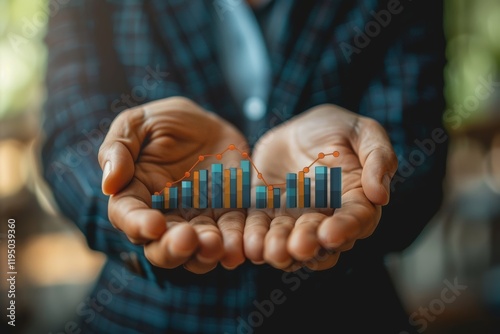 Business professional holding digital growth chart with colorful bars and line in hands showcasing success and innovation photo