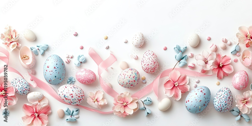 Cheerful Easter backdrop with decorated eggs and flowers in soft pastel hues of pink and blue arranged in a horizontal layout on a white background