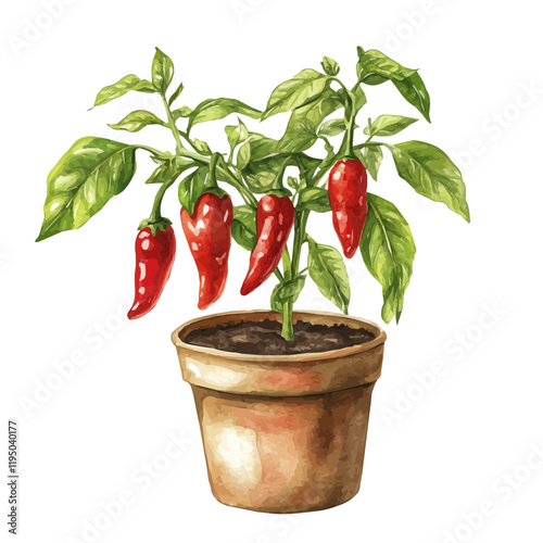 A watercolor painting of a Pepper Plant, isolated on a white background. Pepper Plant vector.
