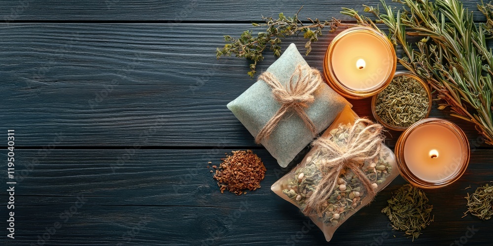 Spa setting with lit candles and herbal pouches placed on a dark wooden surface surrounded by dried herbs and spices in warm, earthy tones. Spa setting with lit candles and herbal pouches placed on a dark wooden surface surrounded by dried herbs and spices in warm, earthy tones.