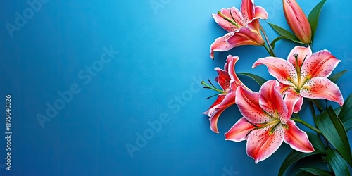 Bouquet of vibrant stargazer lilies in shades of pink positioned on the left against a serene blue background with ample copy space on the right
