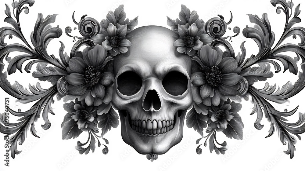 Fototapeta premium Baroque Skull with Floral Ornament: Monochromatic Illustration