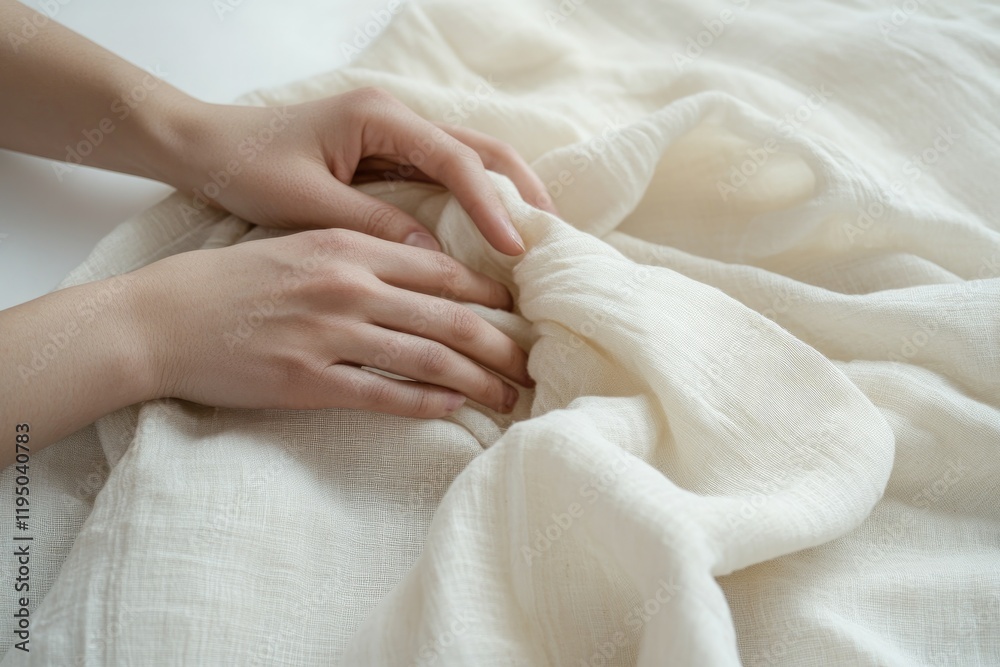 Gentle hands caress soft, textured fabric, creating serene and c Gentle hands caress soft, textured fabric, creating serene and c