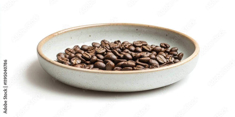 Fototapeta premium Ceramic plate with brown roasted coffee beans on a light gray rim positioned centrally on a clean white background showcasing minimalist design.