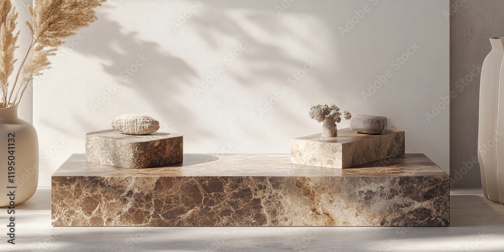 Elegant natural brown stone podium display with geometric shapes and floral accents showcasing a minimalist design against a light background. Elegant natural brown stone podium display with geometric shapes and floral accents showcasing a minimalist design against a light background.
