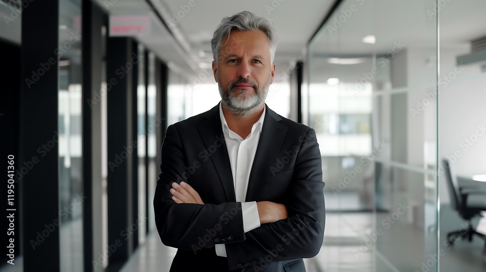 portrait of a successful confident businessman standing in modern office with crossed hands portrait of a successful confident businessman standing in modern office with crossed hands