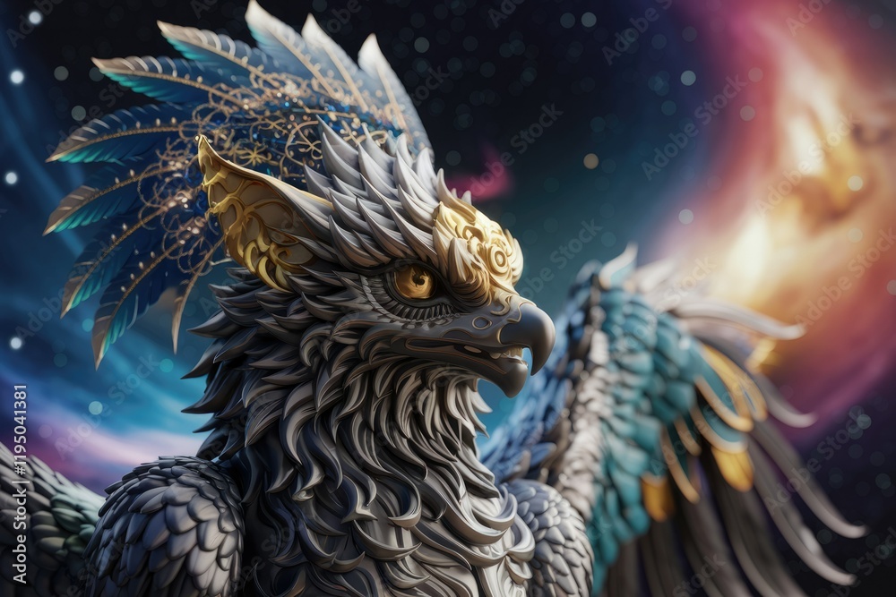 Ornate, majestic griffin, adorned with gold and feathers, against a cosmic backdrop. Ornate, majestic griffin, adorned with gold and feathers, against a cosmic backdrop.