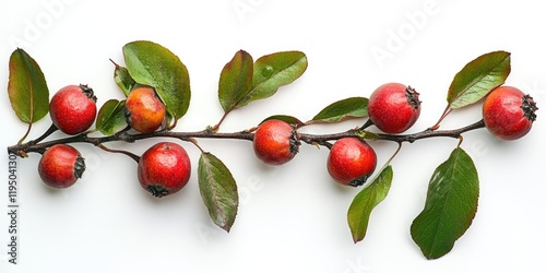 Branch of common medlar Mespilus germanica with red fruits and green leaves arranged horizontally on a white background angled for depth photo