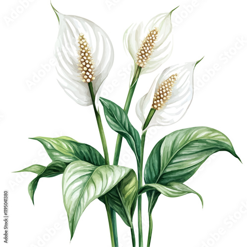 A watercolor painting of a Peace Lily, isolated on a white background. Peace Lily vector.
