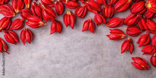 Vibrant red Momordica charantia seeds scattered on a textured gray surface with a focus on their unique shape and rich color contrast photo