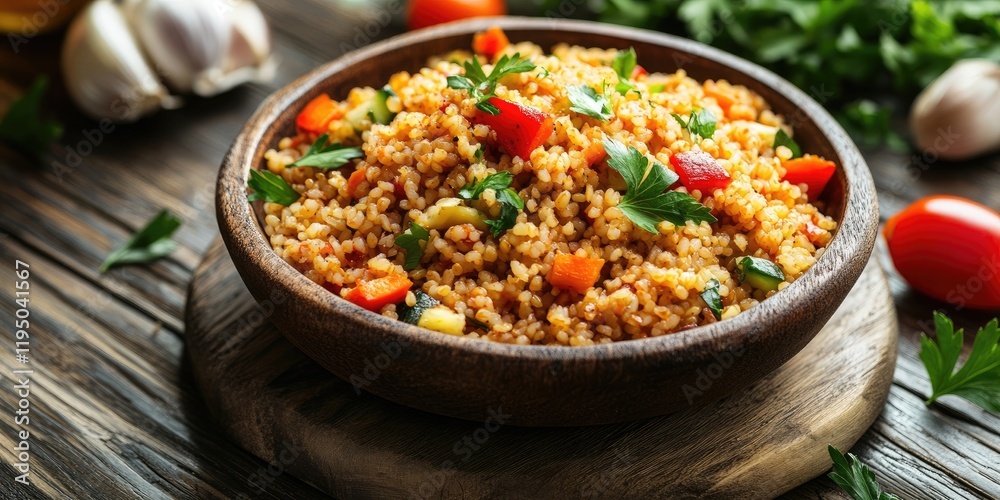 Bowl of bulgur with colorful vegetables and herbs on wooden surface surrounded by garlic and cherry tomatoes in soft natural lighting Bowl of bulgur with colorful vegetables and herbs on wooden surface surrounded by garlic and cherry tomatoes in soft natural lighting