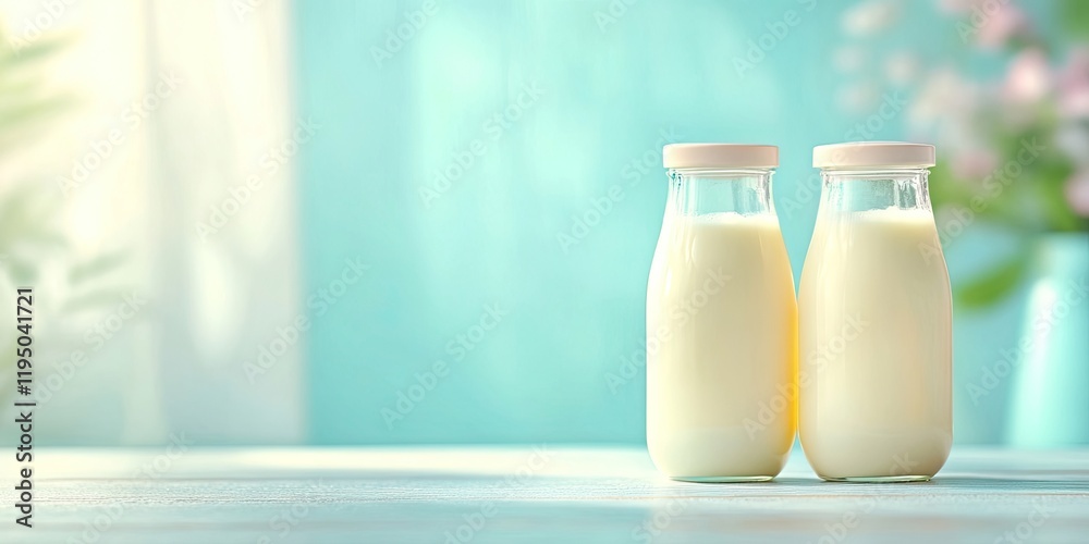 Bottles of milk positioned left with soft pink lids and a blurred pastel blue background highlighting fresh ingredients and ample text space Bottles of milk positioned left with soft pink lids and a blurred pastel blue background highlighting fresh ingredients and ample text space