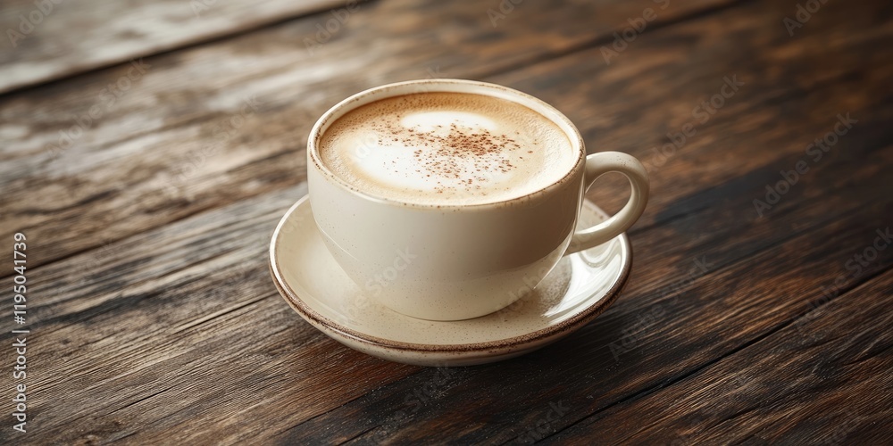 Cappuccino in a white cup with frothy milk on a rustic dark wooden table with warm tones highlighting the creamy texture and rustic background Cappuccino in a white cup with frothy milk on a rustic dark wooden table with warm tones highlighting the creamy texture and rustic background